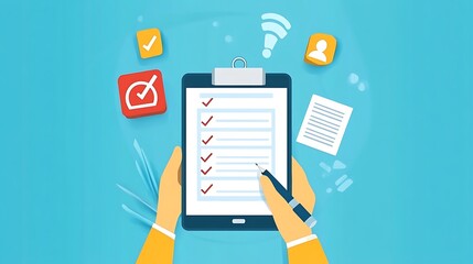 Hands holding a digital tablet with a checklist and pen surrounded by icons representing tasks goals and progress on a bright blue background for business and planning concepts
