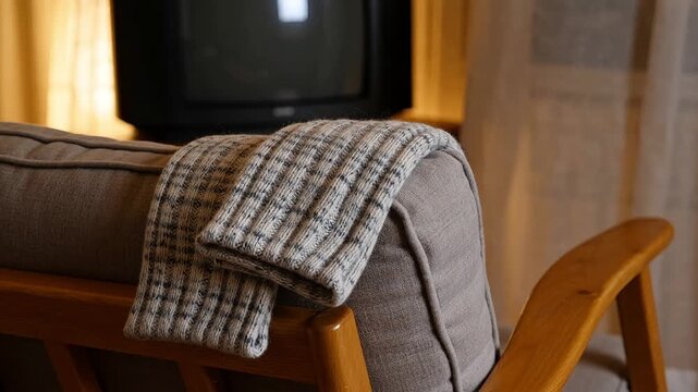 Pair of warm gray plaid knit socks resting on a soft wooden armchair in a cozy dimly lit room with an old television