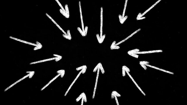 Hand drawn chalk arrows pointing inward from all sides toward the center, symbolizing focus, collaboration, pressure, or centralization on a black background.