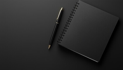 Black matte journal book and pen for writing and black copy space background
