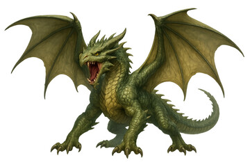 Fototapeta premium Roaring green fantasy dragon with wings and scales, a powerful mythical creature on transparent background