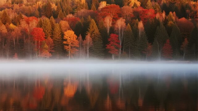 Autumn forest reflected in a misty lake at dawn