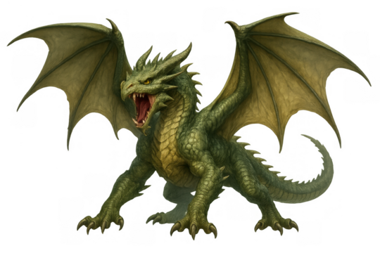 Roaring green fantasy dragon with wings and scales, a powerful mythical creature on transparent background