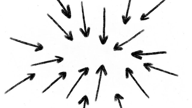Hand drawn chalk arrows pointing inward from all sides toward the center, symbolizing focus, collaboration, pressure, or centralization on a white background.