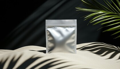 Blank brown snack food packaging mockup on palm leaf decoration background