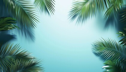 Naklejka premium copy space palm leaves border blue solid background
