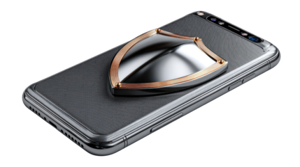 Digital Fortress: A smartphone rests, guarded by a shield, symbolizing digital security and data protection in the face of cyber threats.