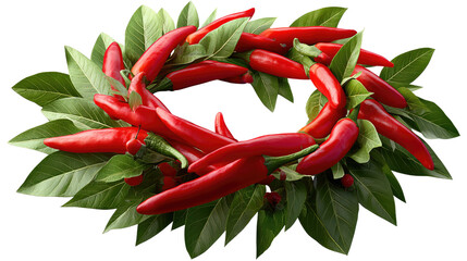 Spicy Ring: A vibrant arrangement of fiery red chili peppers and lush green leaves, artfully crafted into a circular display.