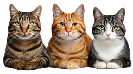 Trio of Feline Friends: Captivating portrait of three domestic cats, each with distinct features and unique coat patterns, posing side-by-side.
