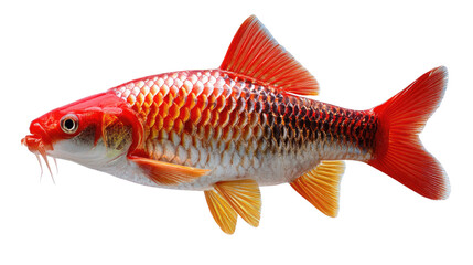 Fototapeta premium Radiant Fish: A close-up showcases a vibrant fish with bright red and orange hues and a sleek, scale-covered body, perfectly captured to showcase its beauty.