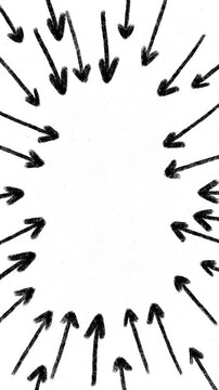 Hand drawn chalk arrows pointing inward from all sides toward the center, symbolizing focus, collaboration, pressure, or centralization on a white background.