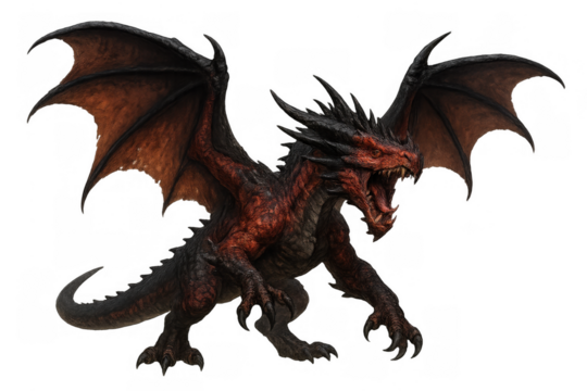 Red and black dragon with open mouth and wide wings standing, mythical creature from fantasy world, transparent background