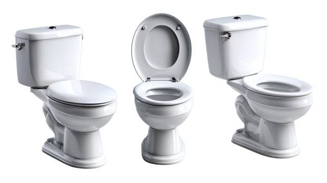 Modern Toilet Series: A trio of pristine toilets, elegantly designed, presented in various perspectives to highlight their sleek lines and functionality. Emphasizing cleanliness and modern aesthetics.