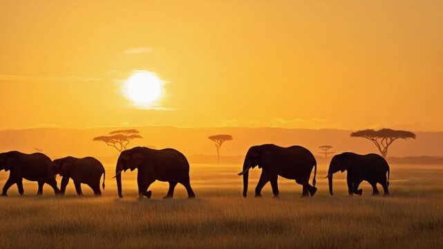 Elephants walking across the african savanna during a vibrant orange and yellow sunset scene elephant video