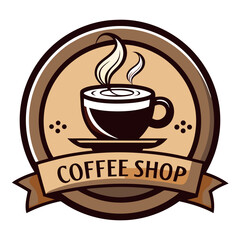 Coffee Shop Logo or Label Vector with Steaming Cup, Vintage Style Emblem for Cafe and Restaurant Branding