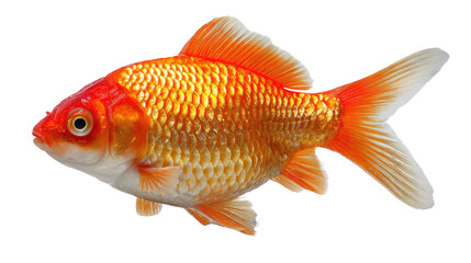 Fototapeta premium Goldfish in Aquatic Paradise: A vibrant, elegant goldfish gracefully swims, its scales shimmering with a warm, inviting glow, showcasing the delicate beauty of aquatic life.