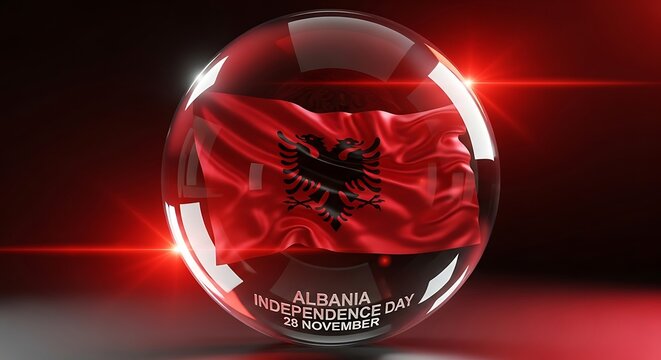 Albania Independence Day: Flag in a Glass Orb, Red Background. - Powered by Adobe