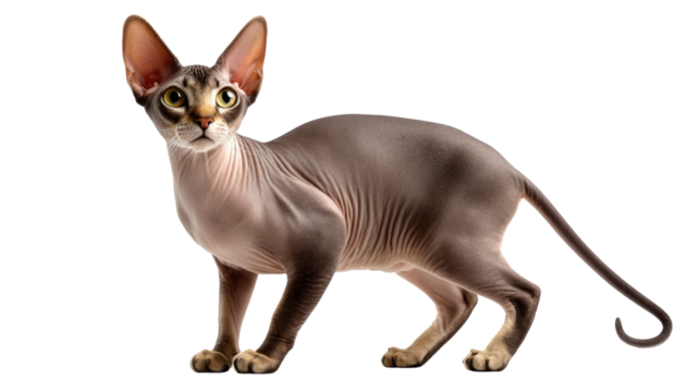 Sphynx Cat Elegance: An elegant Sphynx cat, with its unique hairless skin and striking gaze, strikes a pose, showcasing its distinctive features and graceful demeanor.
