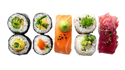 Flat lay assorted sushi rolls with wasabi and pickled ginger on transparent background