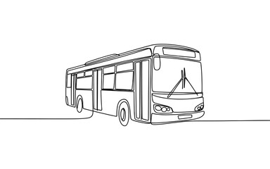 continuous line of a bus on a white background, symbolizing travel, transportation, commuting, and urban mobility.