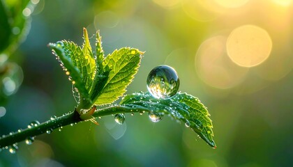 A macro view of a glistening water droplet balanced precariously on a vibrant green leaf, catching the sun's warm rays
