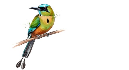 Watercolor Motmot Bird Illustration on Branch - Vibrant Wildlife Art.