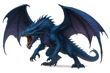 Blue dragon roaring with open mouth, wings spread, a powerful mythological fantasy creature, transparent background