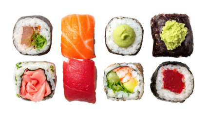 Flat lay assorted sushi rolls with wasabi and pickled ginger on transparent background