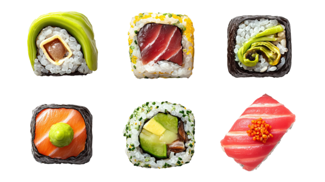 Flat lay assorted sushi rolls with wasabi and pickled ginger on transparent background - Powered by Adobe