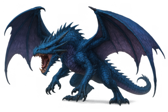 Blue dragon roaring with open mouth, wings spread, a powerful mythological fantasy creature, transparent background