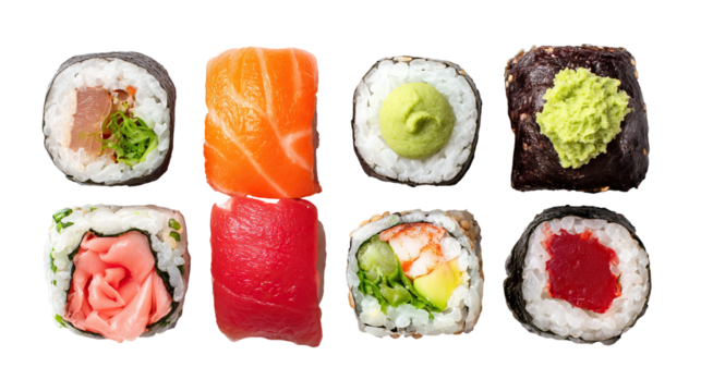 Flat lay assorted sushi rolls with wasabi and pickled ginger on transparent background
