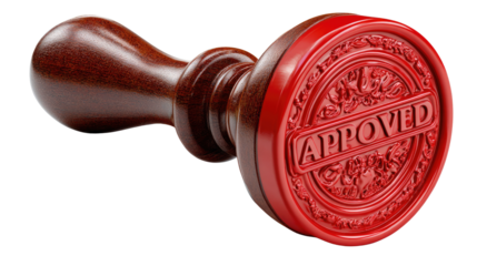 Approved Stamp: A detailed depiction of a wooden rubber stamp, its red ink bearing the word APPROVED, symbolizes authentication and endorsement.