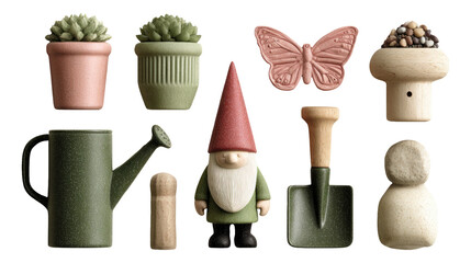 Playful Garden Decor Elements in Soft Colors with Isolated Backgrounds