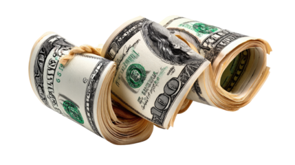 Financial Abundance: Close-up of rolled hundred-dollar bills, representing wealth and prosperity, meticulously bound. 