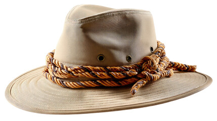 Adventure's Embrace: An explorer hat, evoking a sense of adventure, draped with a rugged rope, stands ready for exploration, filled with anticipation for expeditions.