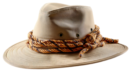 Adventure's Embrace: An explorer hat, evoking a sense of adventure, draped with a rugged rope, stands ready for exploration, filled with anticipation for expeditions.