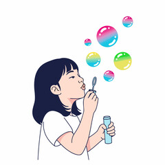 Girl Blowing Soap Bubbles Flat Vector Illustration