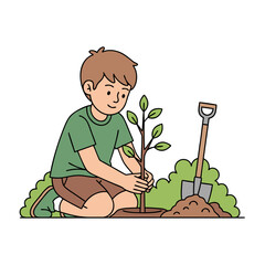 Boy Planting Tree Flat Vector Illustration