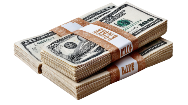 Bundles of Currency: Stacked and secured bundles of various currency notes represent financial wealth, business, and economic transactions. 