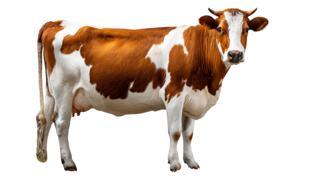 Cow in Standing Position: A striking brown and white cow stands in a pasture, presenting its unique coat pattern and embodying the essence of rural life.