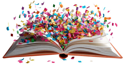 Confetti Burst from Storybook: An open book springs to life, with vibrant confetti bursting from its pages, symbolizing the explosion of imagination, knowledge.