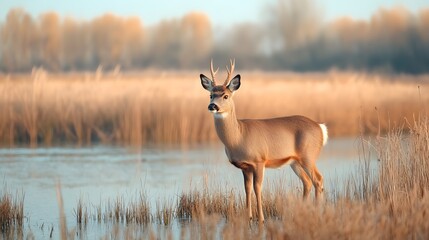 Obraz premium A wild deer buck with antlers stands prominently in shallow water of a marshland surrounded by tall dried reeds
