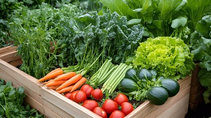 Freshly harvested carrots ripe red tomatoes and various green leafy vegetables abundantly fill a wooden raised garden
