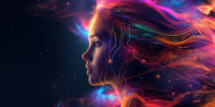 Surreal abstract portrait woman face colorful neon glowing line imagination creativity digital art.