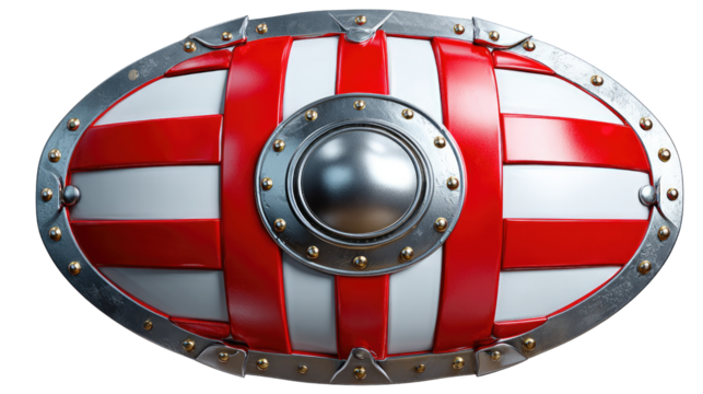 Ancient Shield's Protection: A captivating depiction of an aged shield, boasting a red and white striped pattern and central metallic boss. A symbol of valor and protection. 