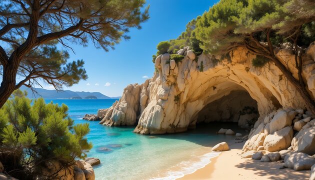 Secluded beach with crystal clear turquoise waters rocky cave entrance and lush green trees under - Powered by Adobe