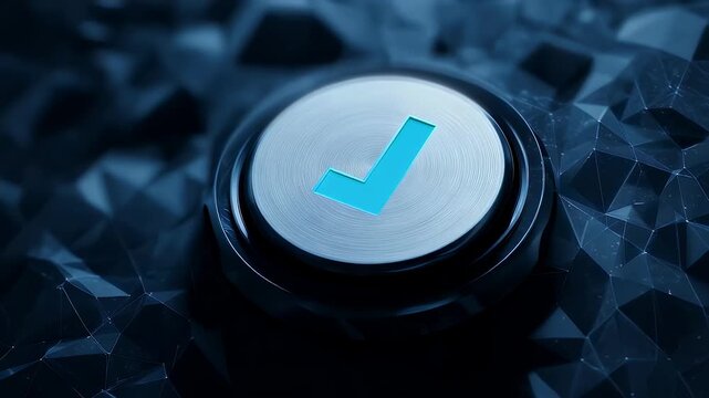 Check mark on a textured button with a geometric background in various shades of blue