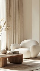 Comfortable and stylish modern living room with a large plush sofa wooden coffee table and elegant striped curtains creating a serene and inviting atmosphere