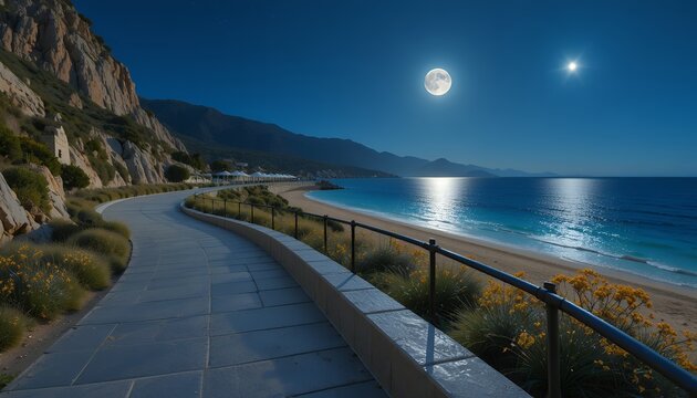 serene coastal pathway illuminated by full moon over calm ocean waves under clear night sky