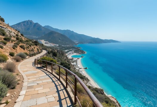 Scenic coastal pathway overlooking turquoise sea and mountainous terrain under clear blue sky with - Powered by Adobe